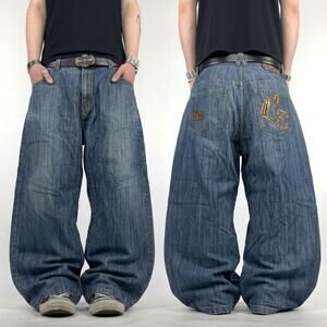 Vintage rare embroidered faded stonewash y2k baggy wide leg jeans